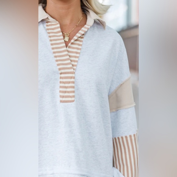 Entro Notched Collar Sweatshirt Colorblock Pull Over with Stripes small - Picture 3 of 10
